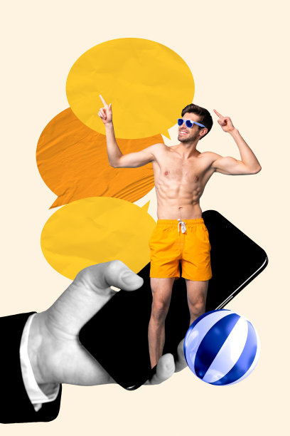 3D时尚照片拼贴，快乐的赤膊男孩手持手机，屏幕上有通知气泡，旁边有充气球，夏天的氛围。图片下载