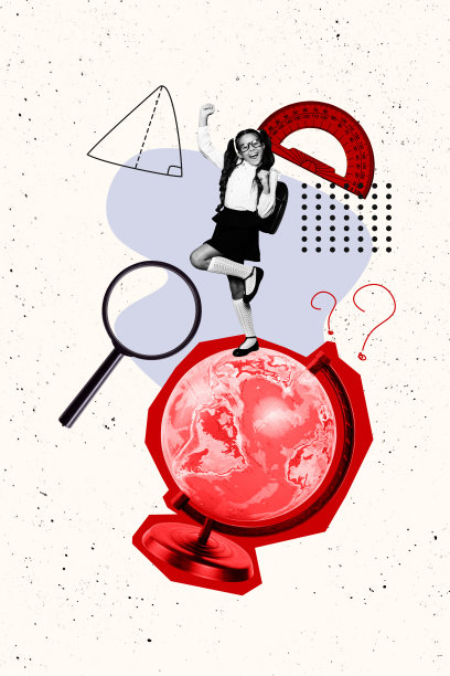 3D照片拼贴趋势艺术作品草图，剪影年轻女孩站在地球旁，微笑，放大镜，尺子，书呆子，学生，九月季节图片下载