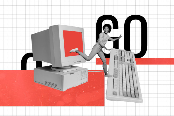 快乐的美国女孩在涂鸦背景下与办公工具、设备、电脑显示器和键盘一起奔跑的拼贴照片图片下载