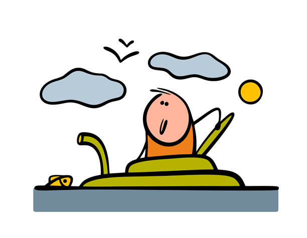 搞笑的人物从海洋水面上升起，享受新鲜空气和空间。卡通角色的矢量插图，爬出地下船进入大海，仰望天空中的云朵。图片下载