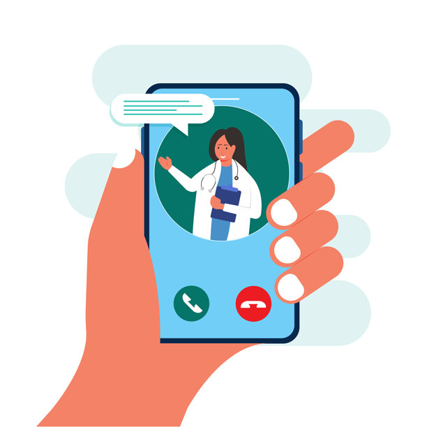 在线医疗概念。人手持智能手机，屏幕上显示女性医生角色的视频通话。图片下载