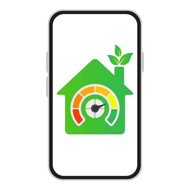 智能能源图标。智能手机屏幕上显示生态房屋、能耗计和绿色叶子，象征着能源效率、家庭监控和可持续技术。图片下载