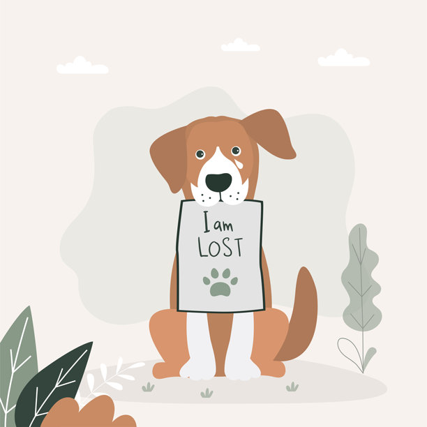 我迷路了 - 可爱的狗狗举着标语牌。关于宠物失踪的横幅或海报。动物护理，领养。帮助无家可归的动物找到家的概念。孤独的小狗在等待主人。图片下载