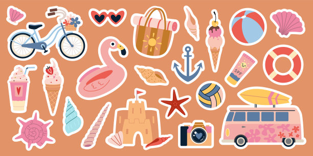 色彩缤纷的夏季假期贴纸包，包含海滩元素，如冰淇淋、自行车、太阳镜、充气火烈鸟和海贝壳。白色轮廓的模切设计。时尚现代的平面矢量插图。图片下载
