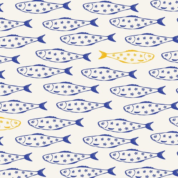 蓝色沙丁鱼小鱼无缝图案。卡通手绘鱼类，海洋水下动物背景，适用于包装纸、纺织品、壁纸设计。矢量纹理图片下载