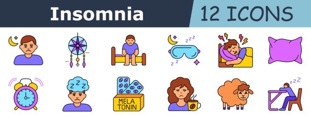 失眠图标集。伤心的脸，月亮，捕梦网，床上的男人，睡眠面罩，枕头大战，闹钟，困倦的男孩，褪黑素包装，疲惫的女人，冒着热气的杯子，羊，桌上睡觉。图片下载
