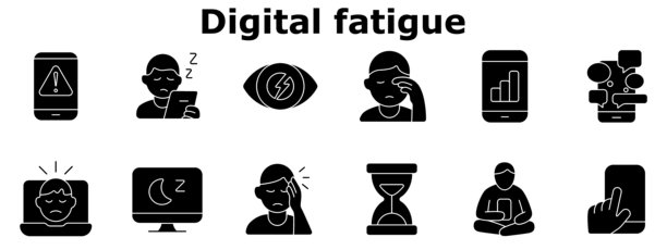 数字疲劳图标。手机上的警告，困倦的用户，疲惫的眼睛，屏幕时间，手机过载，笔记本电脑压力，电脑疲劳，头痛，时间消耗，手机成瘾。图片下载