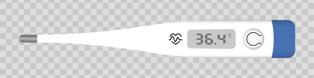 数字医疗温度计。白色电子温度计配有蓝色装饰，LCD屏幕上显示高达36.4的体温。医疗保健，发热检测，患者监测。图片下载