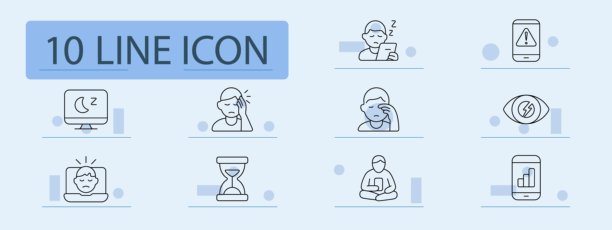 数字疲劳图标。睡眠屏幕、疲惫的面孔、手机警告、头痛、眼睛疼痛、在笔记本电脑前感到悲伤、沙漏、冥想的男人、手机成瘾、信号条。图片下载