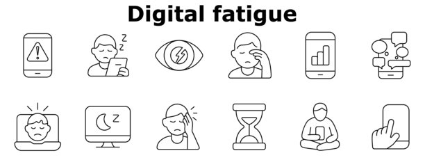 数字疲劳图标。手机上的警告，困倦的用户，疲惫的眼睛，屏幕时间，手机过载，笔记本电脑压力，电脑疲劳，头痛，时间消耗，手机成瘾。图片下载