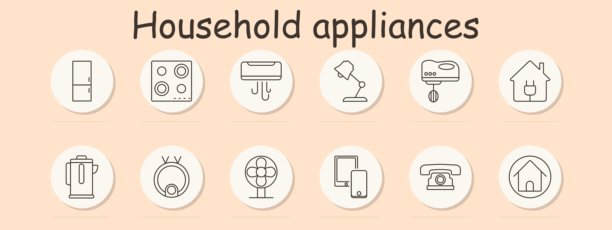 家电图标集。冰箱、炉子、空调、灯、搅拌机、水壶、洗衣机、风扇、电话、插头、电话、家，展示家庭用品、舒适和沟通。图片下载