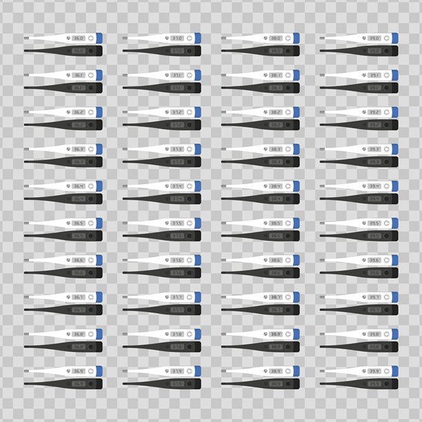 数字温度计套装。多款黑白电子温度计在LCD屏幕上显示不同的体温。医疗保健、发热检测、患者监测。图片下载