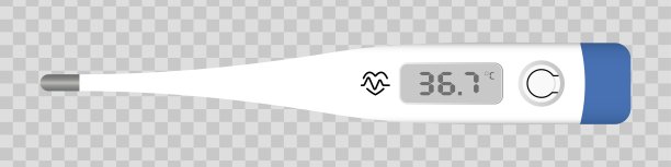 数字医疗温度计。白色电子温度计带有蓝色装饰，LCD屏幕上显示高达36.7的发热温度。医疗保健、发热检测、病人监测。图片下载