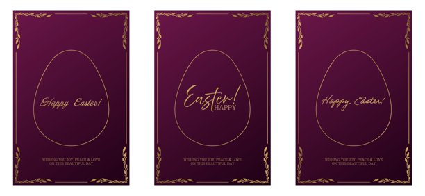 复活节问候套件。酒红色背景配有3D纹理图案，金色蛋形轮廓，优雅的文字。华丽的金色边框和装饰性叶子增强了节日的精致设计。图片下载