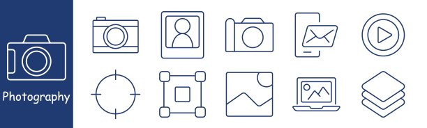 摄影集图标。相机、肖像、照片库、界面工具、裁剪、播放、图层、移动视图、笔记本电脑、创意设计可视化、编辑、观众互动、数字内容图片下载
