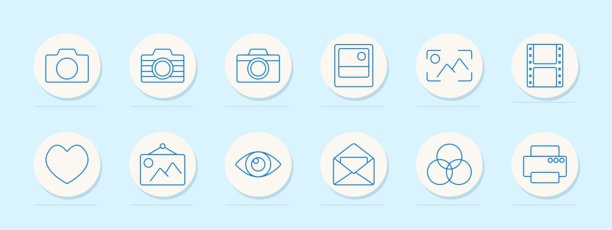 摄影集图标。相机、胶卷、画廊、爱、打印、颜色、心、邮件、调色板、视觉、布局、展示、编辑、拍摄、分享、图像、照片、情感图片下载