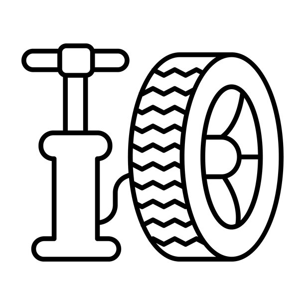 手动泵和轮子细线图标，轮胎安装概念。矢量图形。汽车轮胎充气器，白色背景上的汽车服务标志，适用于移动或设计风格。图片下载