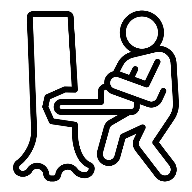 手持链锯的工人和树木轮廓图标，森林工业概念。矢量图形。伐木工工作，木材锯切标志，适用于白色背景的移动或设计风格。图片下载