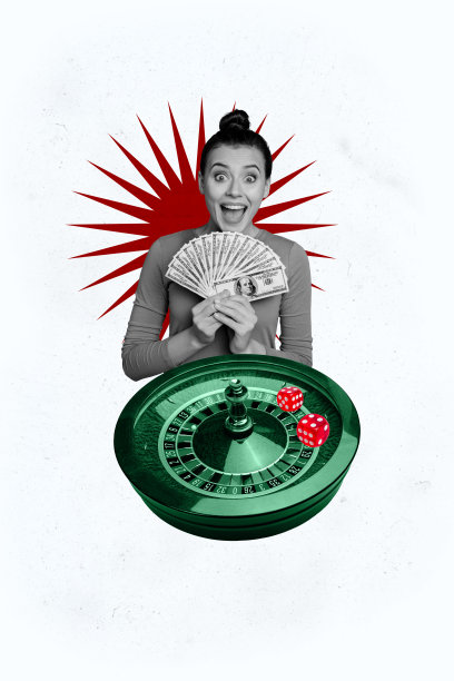 快乐女孩竖向照片拼贴，手指着持有的美元，象征收入、成功、扑克游戏赢家、轮盘和骰子，背景为涂鸦风格。图片下载