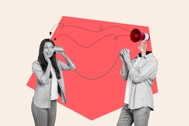 年轻男女朋友们在一起交谈的趋势艺术素描合成照片拼贴，男孩无头，正在大声说话，宣传谎言。图片下载