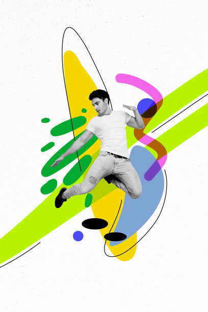 快乐的嘻哈男士在彩色图案的周末派对场合中跳跃，垂直照片拼贴，背景为涂鸦风格。图片下载