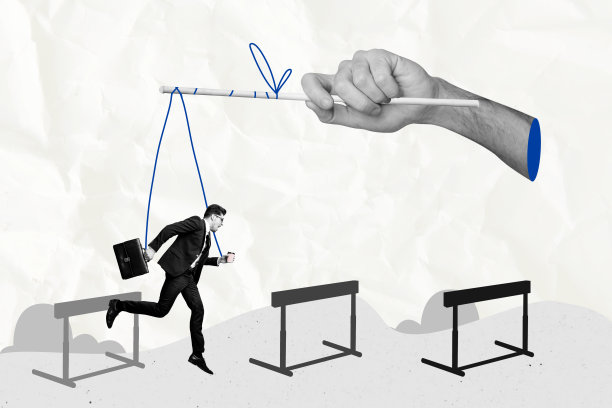 创意图片拼贴，年轻商人悬挂绳索，3D手握住操控木偶，克服障碍。图片下载