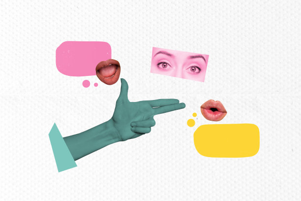 草图设计趋势艺术海报 3D 照片拼贴，包含笔记、对话、漫画、手势、拍摄、眼睛、手表、嘴唇、交谈、对话、新闻。图片下载