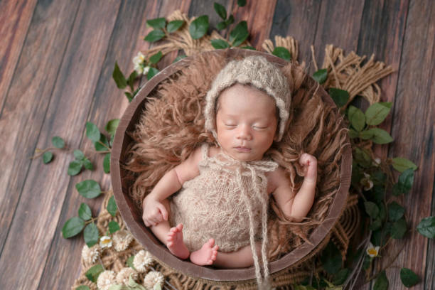 两周大的新生儿照片，穿着米色针织连体衣和配套帽子，安静地躺在棕色毛绒篮子里，周围是绿色植物，背景为木质甲板。专业的户外新生儿摄影。图片下载