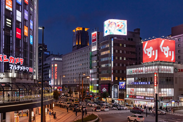 日本大阪车站地区五光十色的霓虹灯招牌。照片拍摄于黄昏时分。图片下载