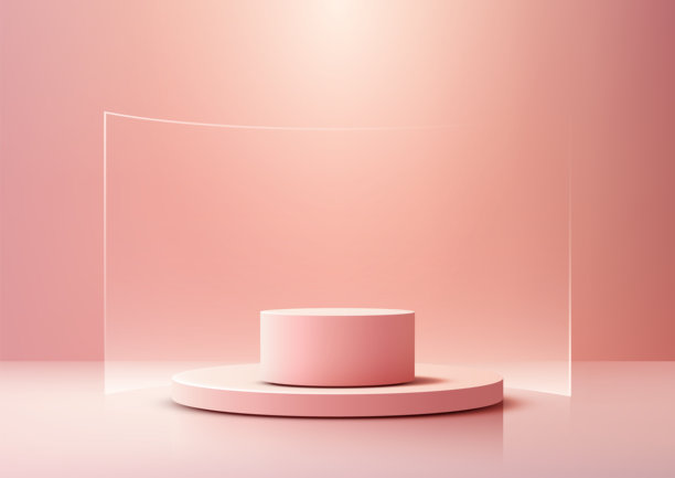 极简主义粉色展台模型3D渲染，圆柱形支架置于圆形底座上，产品展示在柔和的背景下。图片下载