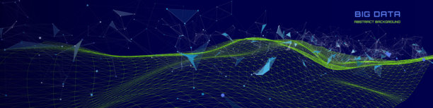 未来感背景波浪形绿色网格量子计算，带有多边形破损数据的黑暗场景。数字技术概念研究网络空间中的丢失字节。大数据。图片下载
