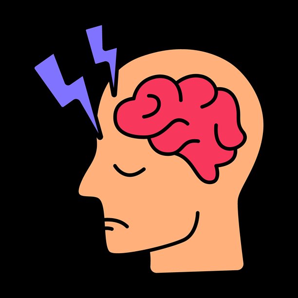 头痛图标。人头与大脑，紫色闪电，表现出因睡眠不足而产生的疼痛或精神疲惫的表情。图片下载