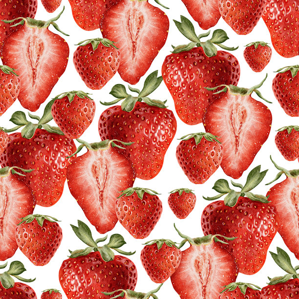 成熟的整颗红色浆果和草莓切半的背景。水彩无缝图案。野生浆果的无尽印刷，适用于包装、化妆品、桌布壁纸和纺织品。图片下载