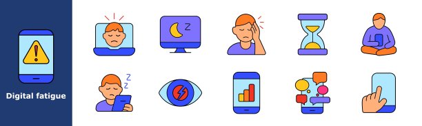 数字疲劳图标。智能手机警告，疲惫的面孔，带月亮的显示器，头痛，沙漏，手机用户，眼睛疲劳，统计数据，聊天气泡，屏幕互动，疲劳，倦怠，失眠，压力。图片下载