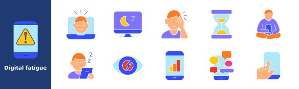 数字疲劳图标。手机提醒，疲惫的脸庞在笔记本电脑上，屏幕上的月亮，头痛，沙漏，坐着使用设备，眼睛疲劳，手机统计，聊天气泡，滑动手势，屏幕过载，疲劳症状。图片下载