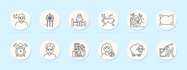 睡眠护理套件图标。失眠、捕梦网、早醒、睡眠面罩、噩梦、枕头、闹钟、褪黑激素、疲惫的脸、羊、桌上小憩。图片下载