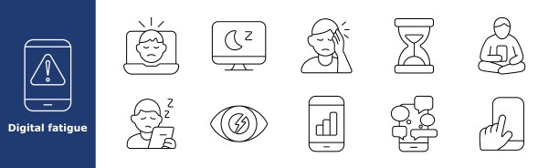 数字疲劳图标。手机警告，使用笔记本电脑的男人，睡着的显示器，头痛，小时图标，坐着使用设备，困倦的用户，眼睛疲劳，数据图表，聊天，滑动手势，疲惫。图片下载
