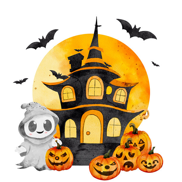 水彩万圣节插图，包含鬼魂、月亮、南瓜、阴森的房子和蝙蝠，背景为白色。可爱、适合儿童的插画，完美用于儿童设计、装饰和派对邀请函。图片下载