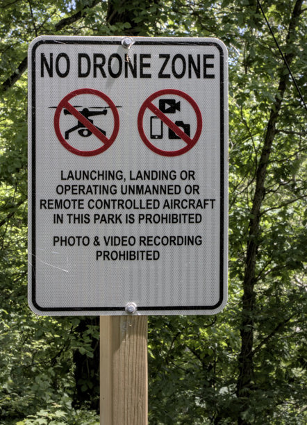 纽约公共公园和水源水库附近的无人机禁飞区标志（照片摄影飞行四旋翼）禁止飞行 安全保障图片下载