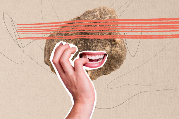 剪影岩石石头无脸隐匿人物的合成素描艺术照片拼贴，巨大嘴巴似乎在咬手指小指指甲。图片下载