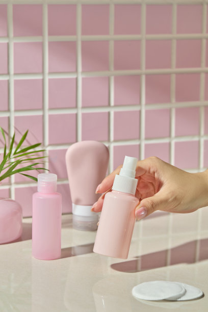 一只手从粉色陶瓷托盘中拿起喷雾瓶，托盘放在光滑的瓷砖上，背景是柔和的粉色马赛克墙。这是一张干净的生活方式照片，非常适合个人护理或护肤使用的视觉效果。图片下载