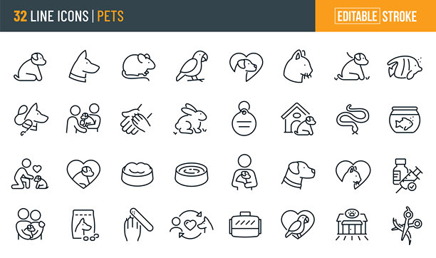 宠物细线图标 - 可编辑的线条 - 图标包括宠物狗、小狗、啮齿动物、鹦鹉、猫、鱼、宠物主人、兔子、宠物项圈、狗屋、陪伴、宠物疫苗、宠物商店图片下载