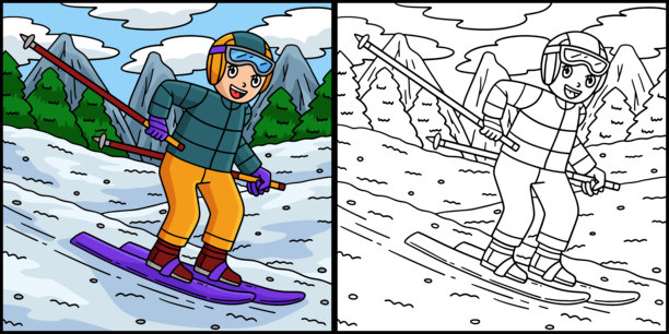 滑雪男孩滑行的滑雪板插图图片下载