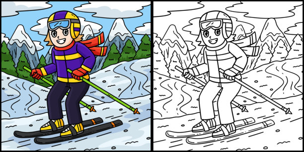 滑雪女孩涂色页彩色插图图片下载