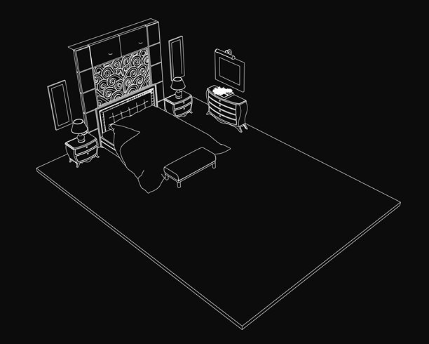 黑色卧室里有一张整齐铺好的床，上面铺着柔软的毯子和豪华的枕头，床头柜上摆放着时尚的台灯。一张带大镜子的梳妆台增添了优雅气息，背景则显得深邃。图片下载