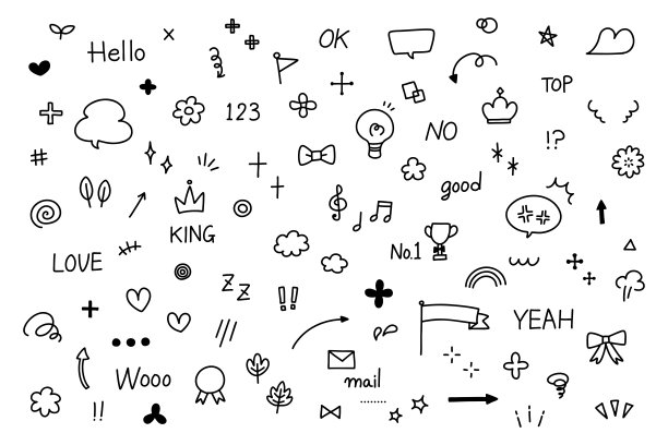 手绘涂鸦矢量素材集 插图、箭头、心形、对话气泡、装饰、手写字母、闪光元素图片下载