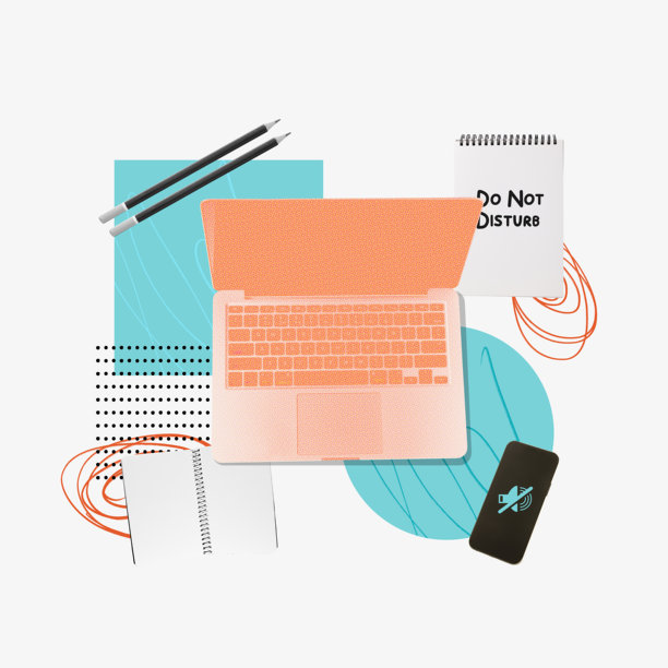 当代艺术拼贴。笔记本电脑周围是记事本、带静音图标的手机、铅笔和请勿打扰标志，理想的专注空间。图片下载