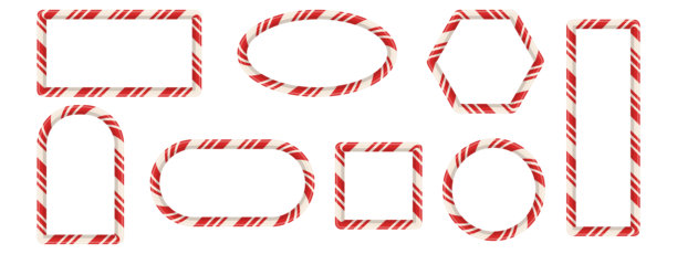 逼真的糖果手杖风格框架集合。包括红白相间的圆形、方形和椭圆形边框。设计为3D条纹元素，适用于卡片、横幅或照片模板。矢量插图。图片下载