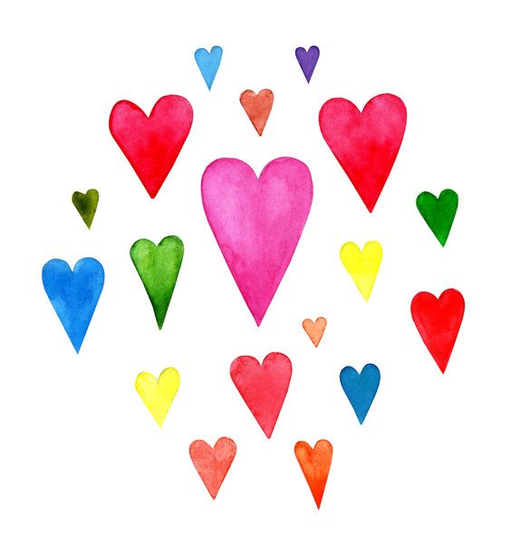 水彩心形图片，手绘多彩水洗，湿润的水彩纹理，白色背景上的心形符号，蓝色、粉色、红色、黄色、绿色背景适合情书。图片下载