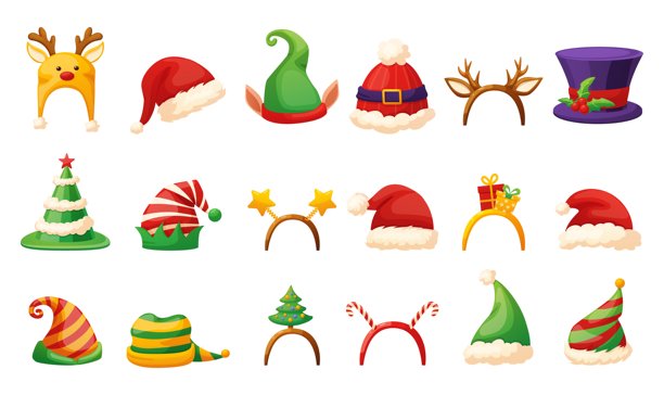 圣诞卡通头带。独立的圣诞派对头饰，圣诞老人、精灵和鹿帽子。新年假期设计，现代照片亭矢量套件。图片下载